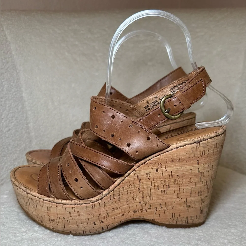 BORN brown leather‎ cork strappy wedge platform sandals bohemian summer cute 8